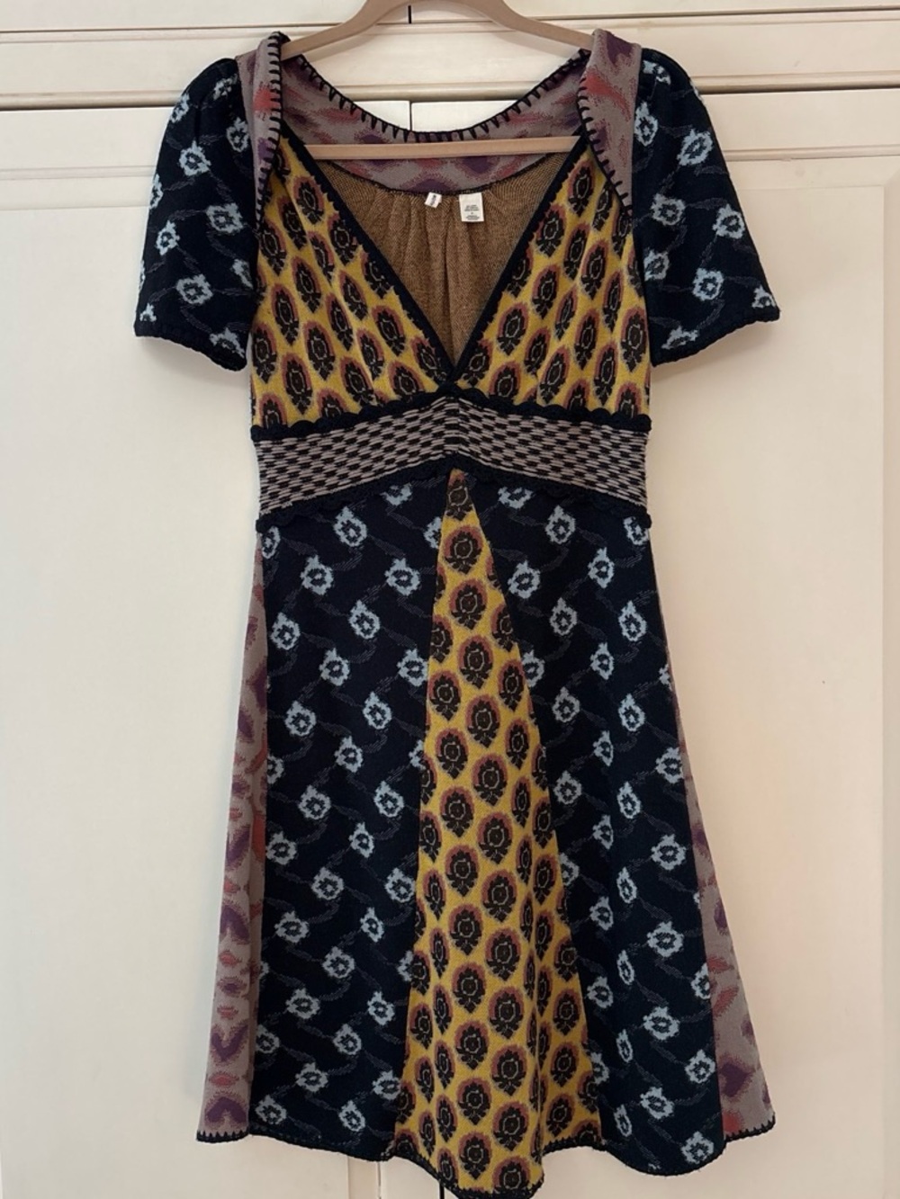 Moth for Anthropologie  Black, Yellow & Mauve Patchwork V‑Neck Knit Dress S
